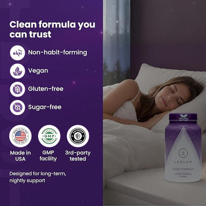 Levium Sleep Formula Supplement | Natural Relaxation Aid Capsules with Melatonin, GABA, L-Theanine, Magnesium | 60 Count Bottle – 30 Day Supply