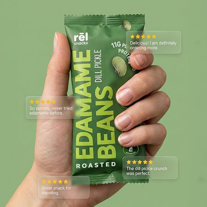 Rel Snacks Dill Pickle Roasted Edamame Beans – High Protein, Low Carb Snack (11g Protein) – Keto, Vegan, Non-GMO – Made with Avocado Oil – 10 Pack, 0.9 oz