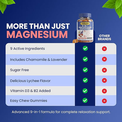 Sakoon Nutritions 9-in-1 Magnesium Gummies for Women & Men with Zinc & Vitamin D3 | Sugar Free Lychee Flavor with Magnesium Glycinate, Citrate & Malate | Muscle & Stress Relief | Halal, Vegan | 60pcs
