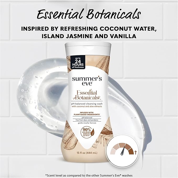 Summer’s Eve Essential Botanicals Daily Feminine Wash, Coconut Aloe, Gentle pH-Balanced Body Wash for Women, Feminine Care to Remove Vaginal Odor, Gynecologist Tested, 15 fl oz
