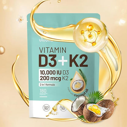 VivoNu Vitamin D3 K2 10000 IU with MK7-300 Virgin Coconut Oil Softgels, 2 in 1 Vitamins D & K Complex | Vitamina D3 con K2 ((180 capsules/1Bag))