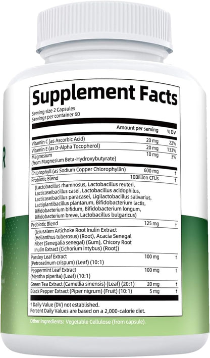 Chlorophyll Body Deodorizing Supplement 2 Pack, Chlorophyll Capsules with Parsley & Peppermint, Probiotic, Green Tea, Jerusalem Artichoke, Prebiotic, Supports Fresh Breath & Whole-Body Freshness