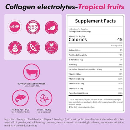 Electrolyte Collagen Powder Packets, 10g Collagen Protein Drink Mix for Hydration Recovery, Zero Sugar 2-in-1 Post Workout Rehydration, Joint Skin Muscle Support, 5 Vitamins, Tropical Fruit