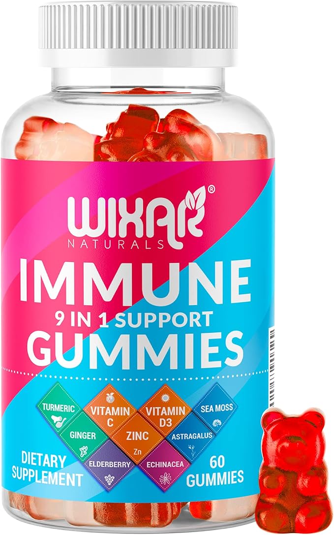 WIXAR NATURALS 9 in 1 Immune Support Gummies with Elderberry, Vitamin C&D, Zinc, Turmeric, Ginger, Echinacea, Astragalus & Sea Moss for Immunity Supplement - 60 Gummies