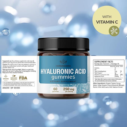 HERBAMAMA Hyaluronic Acid Gummies - 250mg Pure Hyaluronic Acid for Hair, Skin & Nails Support - Vegan, Non-GMO Skin Elasticity Supplement - 60 Pectin-Based Mango-Flavored Chews
