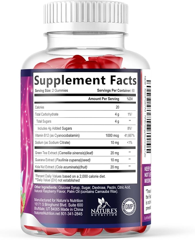 Energy Gummies - Vitamin B12 1000 mcg Per Serving - Daily Energy Gummy with Natural Caffeine from Green Tea, Berry Flavor B12 Chewable Exercise Supplement for Running Cycling & Sports - 120 Gummies