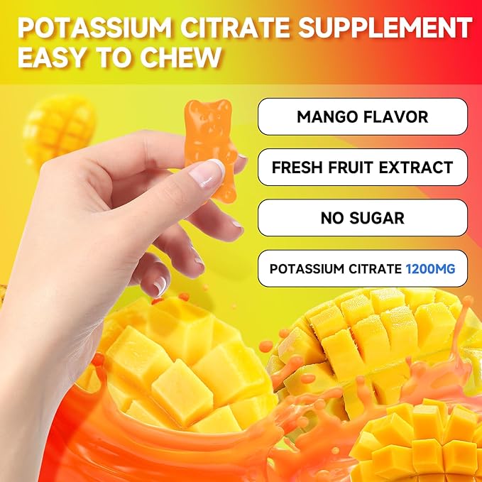 2 Pack Potassium Citrate Gummies, High Potassium Supplement Gummies 1200mg for Adults & Kids, Support Leg Cramps & Muscle Health, Vegan, Mango Flavor 120 Count