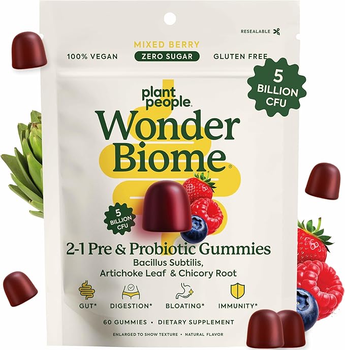 Plant People WonderBiome 2-in-1 Prebiotic + Probiotic Gummies – Zero-Sugar Vegan Digestive Health & Bloating Relief – 5 Billion CFU Bacillus Subtilis DE111 + Artichoke & Chicory – 60 Count