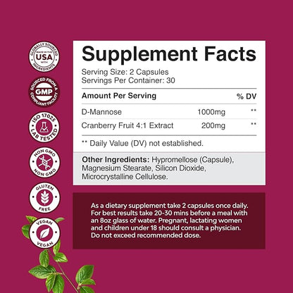 D Mannose with Cranberry Supplement - D Mannose 1000mg per Serving Capsules for Kidney Defense Support & Cleanse and Urinary Tract Health for Women & Men - Adults Bladder Health Supplement - 60 Count
