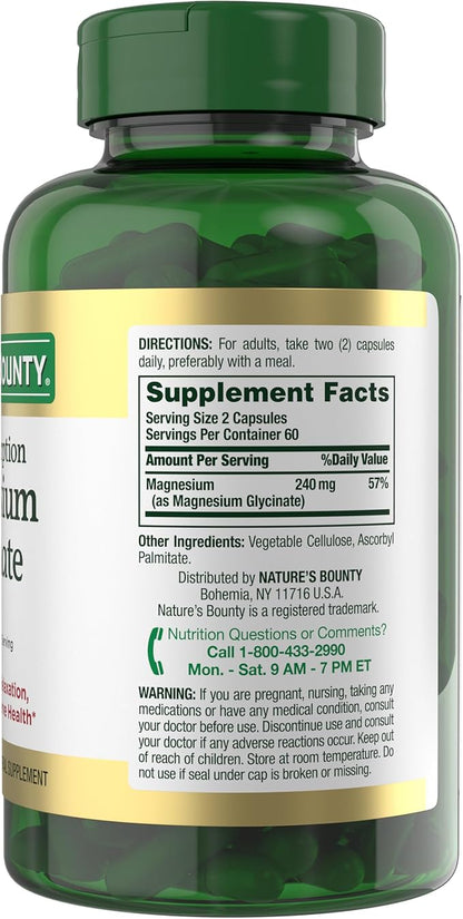 Nature’s Bounty High Absorption Magnesium Glycinate 240 mg for Supporting Muscle Relaxation and Bone, Heart & Nerve Health – Non-GMO, Gluten-Free, Vegetarian, 120 Count/60 Servings