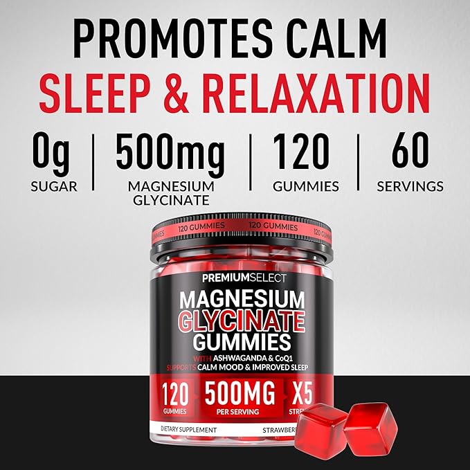 Magnesium Glycinate Gummies for Adults 500mg 120 Sugar Free Gummies Calm and Sleep Support with Ashwagandha Lemon Balm and CoQ10 Magnesium Supplement for Stress and Relaxation