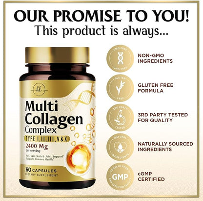 Multi Collagen Peptides for Women & Men - 2400mg per Serving - Best Hydrolyzed Collagen Complex with Type I, II, III, V, X - Hair, Skin, Nails & Joint Support Supplement - Bottled USA - 60 Capsules