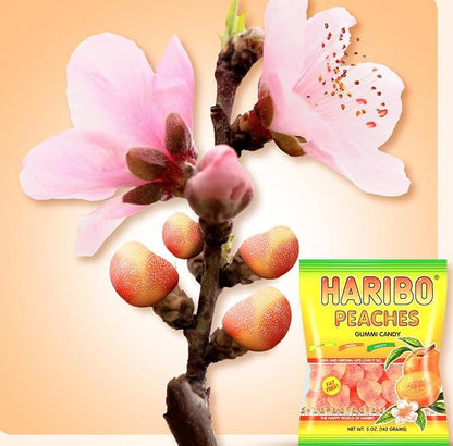 HARIBO Gummi Candy, Peaches Gummy Candy, 5 Ounce Share Size Bags (Pack of 12) Delicious Soft & Chewy Sweet Snacks, Fruity Peach Flavor