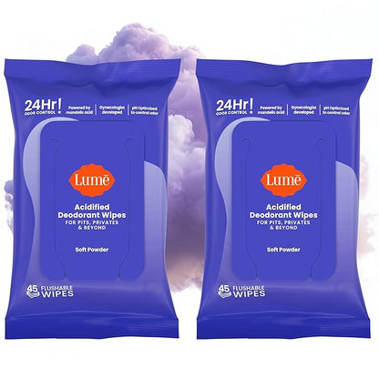 Lume Acidified Deodorant Wipes - 24 Hour Odor Control - Whole Body Deodorant Wipes - Aluminum Free, Baking Soda Free, Skin Loving - Flushable - 45 Count - 2 Pack (Soft Powder)