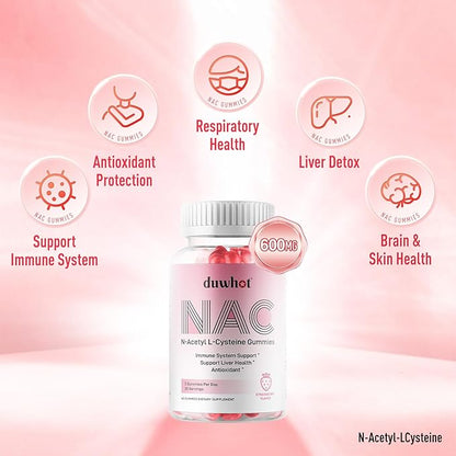 duwhot NAC Gummies 600mg, N Acetyl Cysteine Supplement NAC Chewable for Antioxidants & Immune Support, Lung & Liver Health, Natural Strawberry Flavor, 60ct