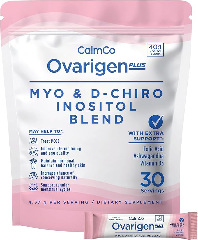 CalmCo Ovarigen Plus Myo-Inositol & D-Chiro Inositol Supplement for Women – 40:1 Powder with Folic Acid, Ashwagandha & Vitamin D3, Fertility Supplements for PCOS, Ovarian Support (30 Sachets)