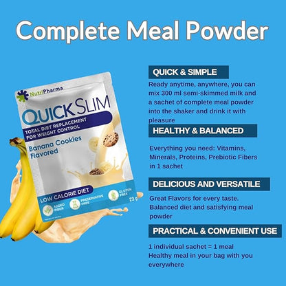 Quick Slim High Protein Shakes for Weight Loss, 30 Servings, Complete Meal Replacement Powder, Diet Shakes for Women & Men, 20g Protein, 27 Vit & Min, Keto, Gluten Free (Banana Cookies, 30 Sachets)