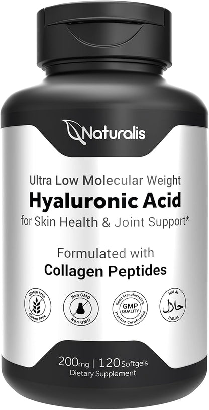 Naturalis Hyaluronic Acid 200mg, 10x Better Absorption Ultra Low Molecular Weight with Collagen, Biotin, Selenium & Vitamin E | Hair, Skin, Nails & Joint Supplements | 120 Softgels