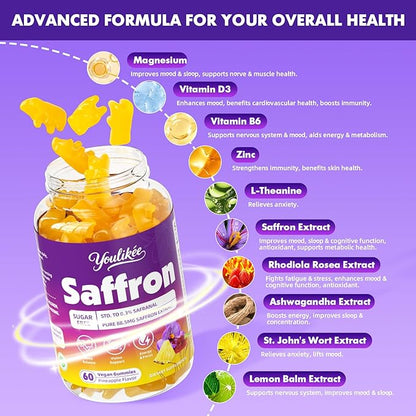 2 Pack Saffron Gummies 88.5mg - Saffron Supplements with Magnesium, Rhodiola Rosea, Ashwagandha, L-Theanine, Vitamins D3 & B6, Zinc - Supports Antioxidant Function, Pineapple Flavor, 120 Count