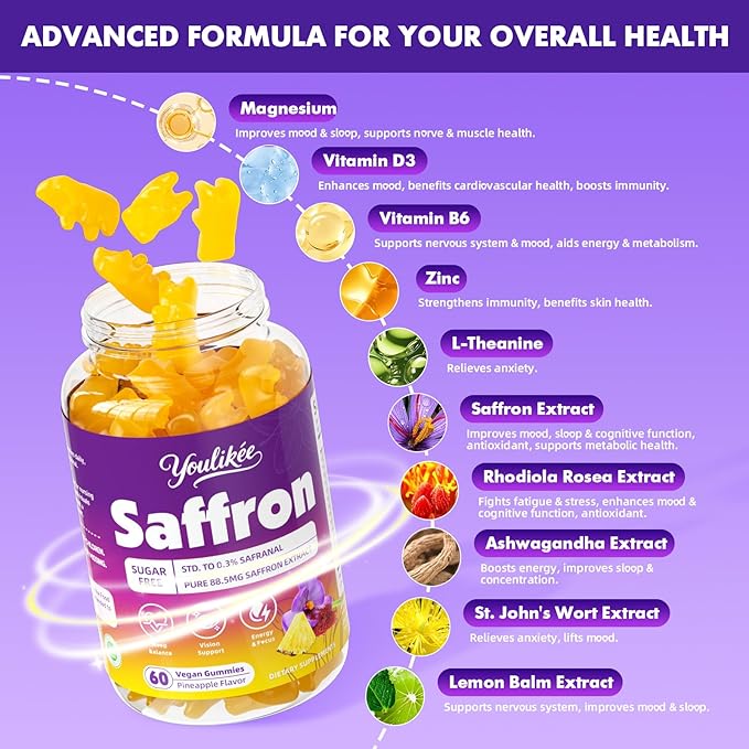 Saffron Gummies 88.5mg - Saffron Supplements with Magnesium, Rhodiola Rosea, Ashwagandha, L-Theanine, Vitamins D3 & B6, Zinc - Supports Antioxidant Function, Pineapple Flavor, 60 Count