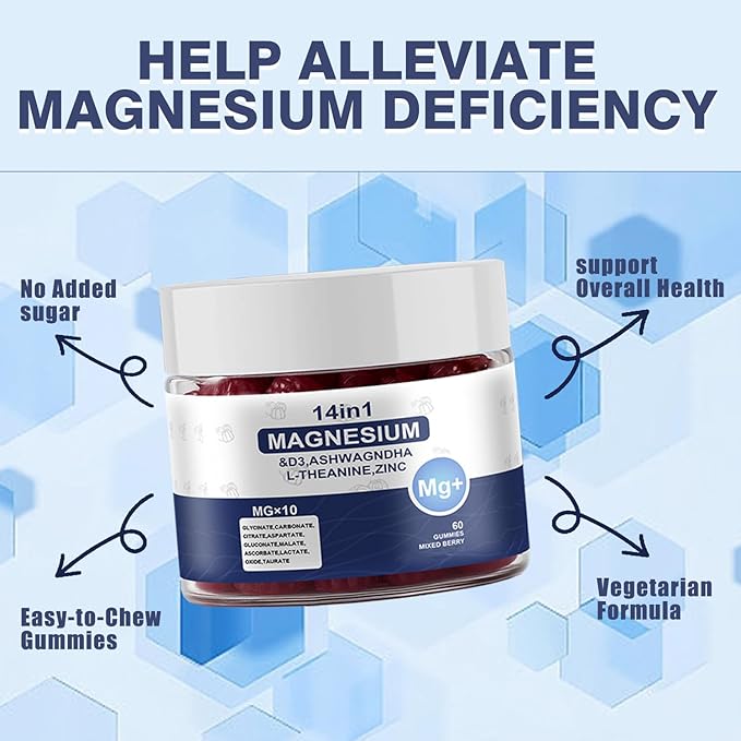 Magnesium Complex Gummies for Women & Men, Calm Magnesium Gummies for Women & Men, 14-in-1 with Ashwagandha, L-Theanine, Vitamin D3 & Zinc, 60 Count (1)