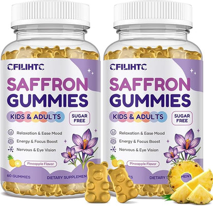Saffron Gummies for Kids & Adults, 20-in-1 Saffron Supplements with 88.5mg Saffron Extract, B6, B12, C, D3, Magnesium for Calm, Focus, Nerve, Sugar Free, Vegan, Non-GMO - Pineapple Flavor, 120 Counts