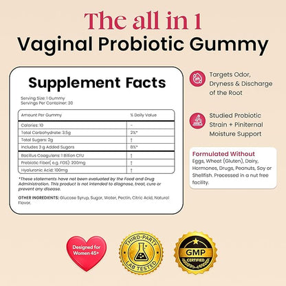 Flora+ Women’s Vaginal Probiotic Gummies for pH Balance, Odor and Freshness Support with Prebiotics & Hyaluronic Acid, Sugar Free Pineapple, Vegan Non-GMO | 30 Gummies