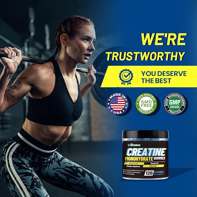 inGreens Creatine Monohydrate Gummies 6g per Serving, Sugar Free Creatine Supplements for Men & Women, Chewable Creatine for Muscle Growth, Strength, Energy & Recovery, Gluten Free, 120 Count