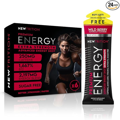 NewTrition® Extra Strength Energy Shots, 1.7 fl oz - 250mg Caffeine with Vitamin B & Amino Acids, Sugar-Free, Zero Calorie Vitamin Energy Drink for Focus & Endurance (Pack of 6, Wild Berry)