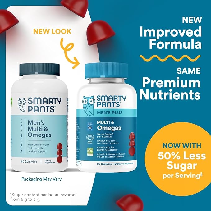 SmartyPants Men's Multivitamin Gummies with Omega 3 DHA/EPA, Methylfolate, Vitamin D3, C, B12, B6, A, K, Zinc, Raspberry Lemonade Flavor, 90 Count (30 Day Supply)