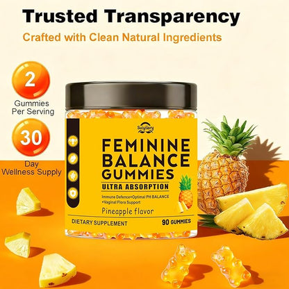 Suiyilary Feminine Probiotics Gummies for Women, Pineapple Gummies PH Balance, Premium Vaginal Health, Immune Support, Vegan, Gluten-Free, Hawaiian Pineapple 90 Gummies 45 Servings