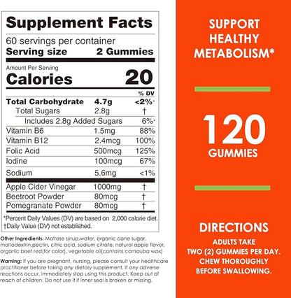 Nature's Key Apple Cider Vinegar Gummies 120 Count ACV Gummy with Folic Vitamin B6 B12 Beetroot & Pomegranate - Vegan, Non-GMO & Gluten-Free