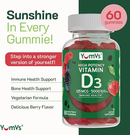 YUM-V'S Vitamin D3 Gummies 5000 IU 125mcg D3 Gummies - Support Immune Support, Strong Bone Health - Non-GMO, Gluten-Free, Dairy-Free, Vitamin D Gummy (60 Count)