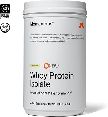 Momentous Essential Grass-Fed Whey Protein Powder - 20 g Whey Isolate Protein - NSF Certified for Sport - Gluten-Free - 25 Servings for Essential Everyday Use - Vanilla - Package May Vary