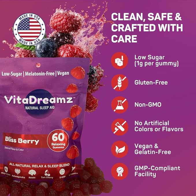 Melatonin-Free Sleep Gummies | Magnesium, Ashwagandha, Tart Cherry & L-Theanine | Natural Calm & Restful Sleep Support | Vegan, Sugar Free Bliss Berry | 60 Count