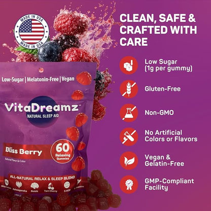 Melatonin-Free Sleep Gummies | Magnesium, Ashwagandha, Tart Cherry & L-Theanine | Natural Calm & Restful Sleep Support | Vegan, Sugar Free Bliss Berry | 60 Count