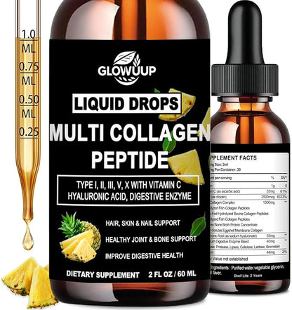 Multi Collagen Peptides Liquid Drops for Women & Men-Type I, II, III, V, X丨Hydrolyzed Collagen Peptides, Collagen Proteins W. Hyaluronic Acid, Biotin & Vitamin C for Hair Skin & Joint Gut Health