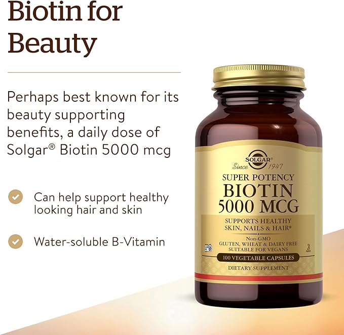Solgar Biotin 5000 mcg,100 Veg Caps-Promote Healthy Skin,Nails&Hair-Supports Energy Production,Protein,Carbohydrate&Fat Metabolism-Vitamin B-Non GMO,Vegan,Gluten Free-100 Servings,(Pack of 2)