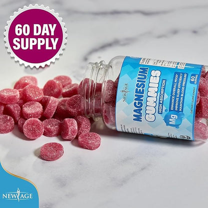 Magnesium Gummies - Calming Anti-Stress Gummies, Magnesium Supplement for Adults and Kids, Vegan, Gelatin-Free, Gluten-Free, Non-GMO, Delicious Natural Raspberry Flavor- 60 Count - by New Age
