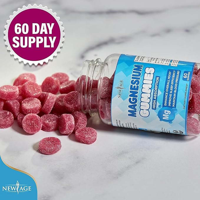 Magnesium Gummies - Calming Anti-Stress Gummies, Magnesium Supplement for Adults and Kids, Vegan, Gelatin-Free, Gluten-Free, Non-GMO, Delicious Natural Raspberry Flavor- 180 Count - by New Age