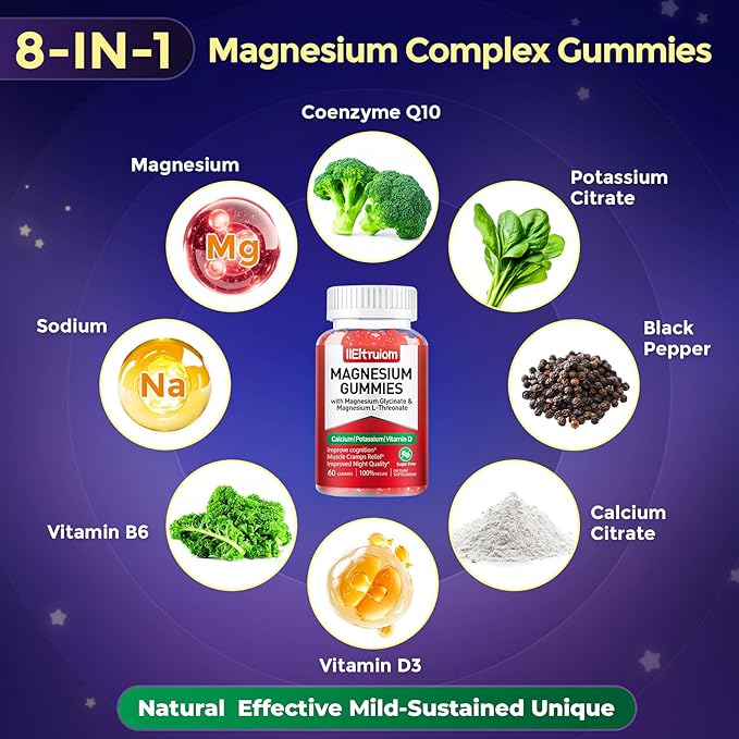 Liposomal Magnesium Complex 190mg for Kids Per Serving, Magnesium Glycinate with L-Threonate, Vitamin D3, CoQ10, L-Threonate Gummies for Rest Support, Sugar/Gluten Free, 60 Count
