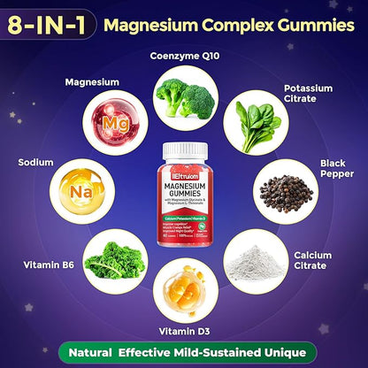 Liposomal Magnesium Complex 190mg for Kids Per Serving, Magnesium Glycinate with L-Threonate, Vitamin D3, CoQ10, L-Threonate Gummies for Rest Support, Sugar/Gluten Free, 120 Count