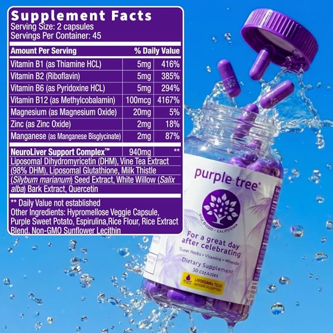 purple tree Post-Celebration Wellness Supplement | Liposomal Dihydromyricetin (DHM), L-Glutathione, Milk Thistle for Liver Support & Hydration | Electrolytes, B Vitamins, Willow Bark | 90 Pills