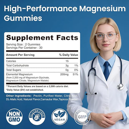 Magnesium Glycinate Gummies 2200mg, High Absorption Magnesium Glycinate, Citrate, Malate Gummies for Adults and Kids, Sugar Free, Vegan for Sleep Support, Blueberry, 60 Count