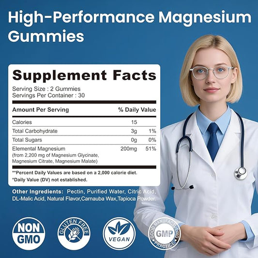 Magnesium Glycinate Gummies 2200mg, High Absorption Magnesium Glycinate, Citrate, Malate Gummies for Adults and Kids, Sugar Free, Vegan for Sleep Support, Blueberry, 60 Count