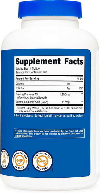 Nutricost Evening Primrose Oil 1,300mg, 120 Softgels (3 Bottles) - Non-GMO, Gluten Free, 120 Servings
