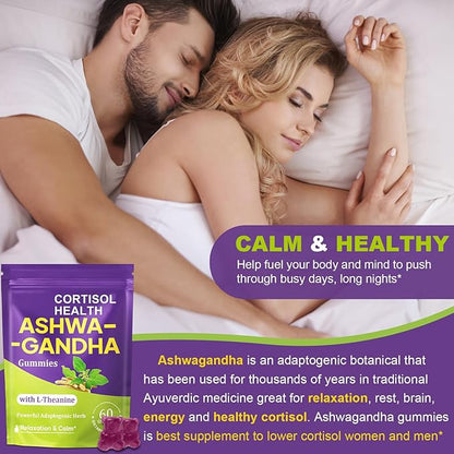 Ashwagandha Gummies - 10 IN 1 Organic Ashwaganda Gummies for Women & Men, with L Theanine, Vitamin B6, Black Pepper for Relaxation*, Cognitive, Immune, Zzz, Cortisol, Vegan, Berry Flavor - 60 Count
