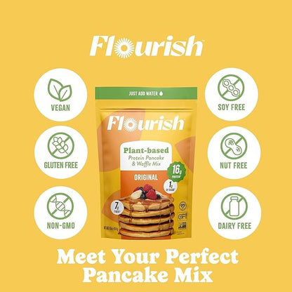 Flourish Plant-Based Protein Pancake & Waffle Mix, Gluten-Free, Dairy-Free, Nut-Free, Soy-Free, Vegan, Non-GMO, All-Natural Superfood, High Protein & Fiber, Just Add Water - Original, 430 g (2 Pack)