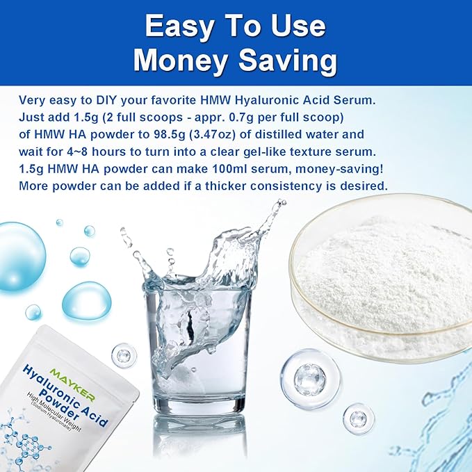 MAYKER Pure Hyaluronic Acid Powder 1.76 oz | High Molecular Weight, Cosmetic Grade | To Make 115+ oz Hydrating Serums For Skin Hydration, Clear, Gel-like Texture | No fillers, No Additives