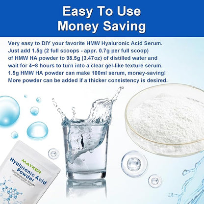 MAYKER Pure Hyaluronic Acid Powder 1.76 oz | High Molecular Weight, Cosmetic Grade | To Make 115+ oz Hydrating Serums For Skin Hydration, Clear, Gel-like Texture | No fillers, No Additives